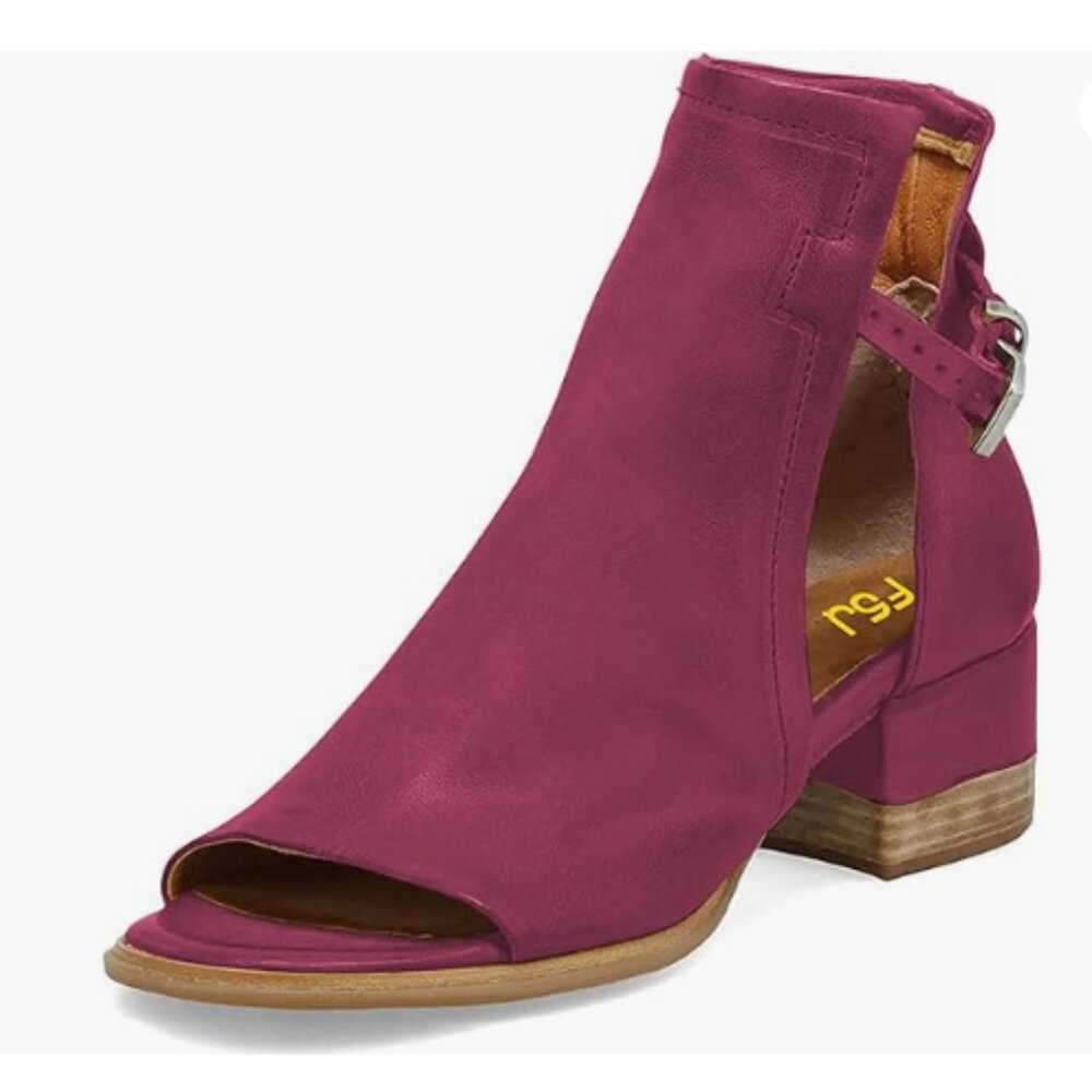 FSJ Dark Magenta Peep Open Toe Cut Out Buckle Ankle Boot Block Low Heel Sandals